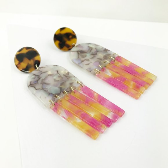 Gray Tab & Fringe Earrings w/ Pink & Yellow Fringe - Picture 7 of 7